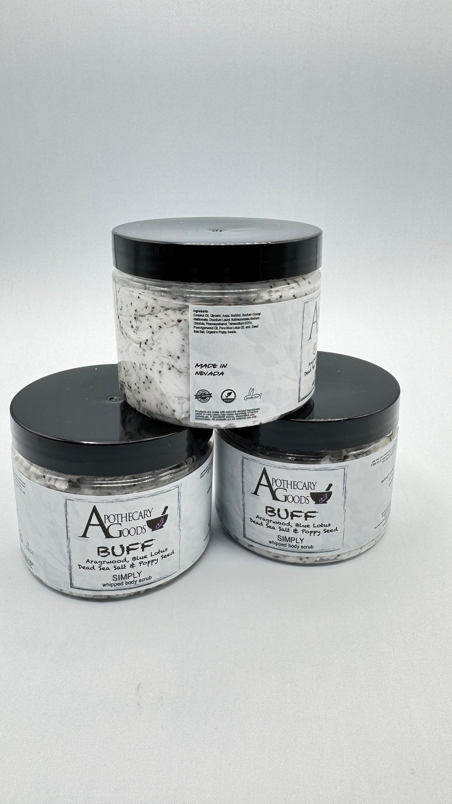 Apothecary Goods | SIMPLY | BUFF Whipped Dead Sea Salt and Poppy Seed Body Scrub | Magnesium Rich | Smooth your body | Anti Aging