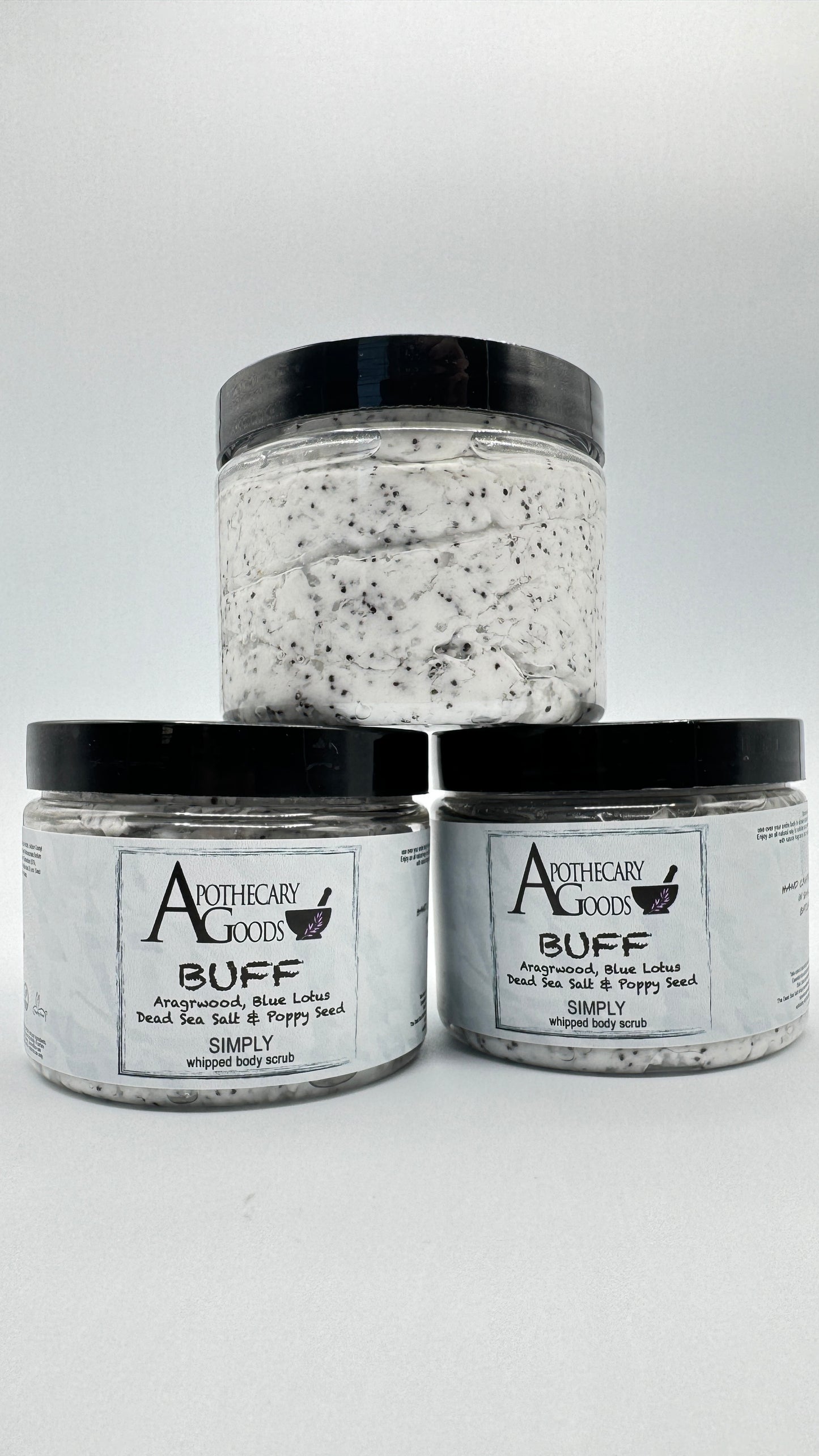 Apothecary Goods | SIMPLY | BUFF Whipped Dead Sea Salt and Poppy Seed Body Scrub | Magnesium Rich | Smooth your body | Anti Aging