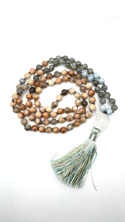 Saraswati's Wisdom Snowflake Obsidian and Angelite Mala Necklace - From the Goddess Bead Collection