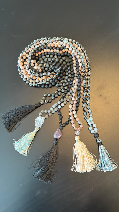Saraswati's Wisdom Snowflake Obsidian and Angelite Mala Necklace - From the Goddess Bead Collection