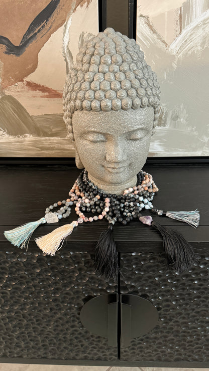 Yemaja's Blessing Sunstone, Labradorite, and Aquamarine Mala Necklace - From the Goddess Bead Collection
