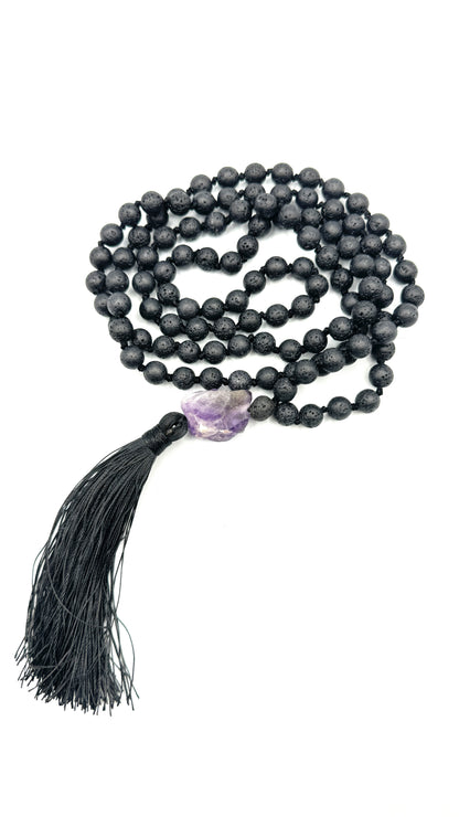 Skuld's Resolve Black Lava Rock and Amethyst Mala Necklace - From the Goddess Bead Collection