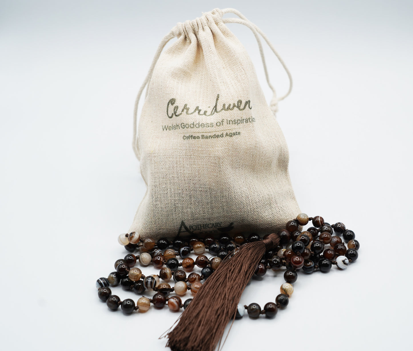 Cerridwen's Powerful Energy - Mala DARK Goddess Intention Beads of Coffee Banded Agate